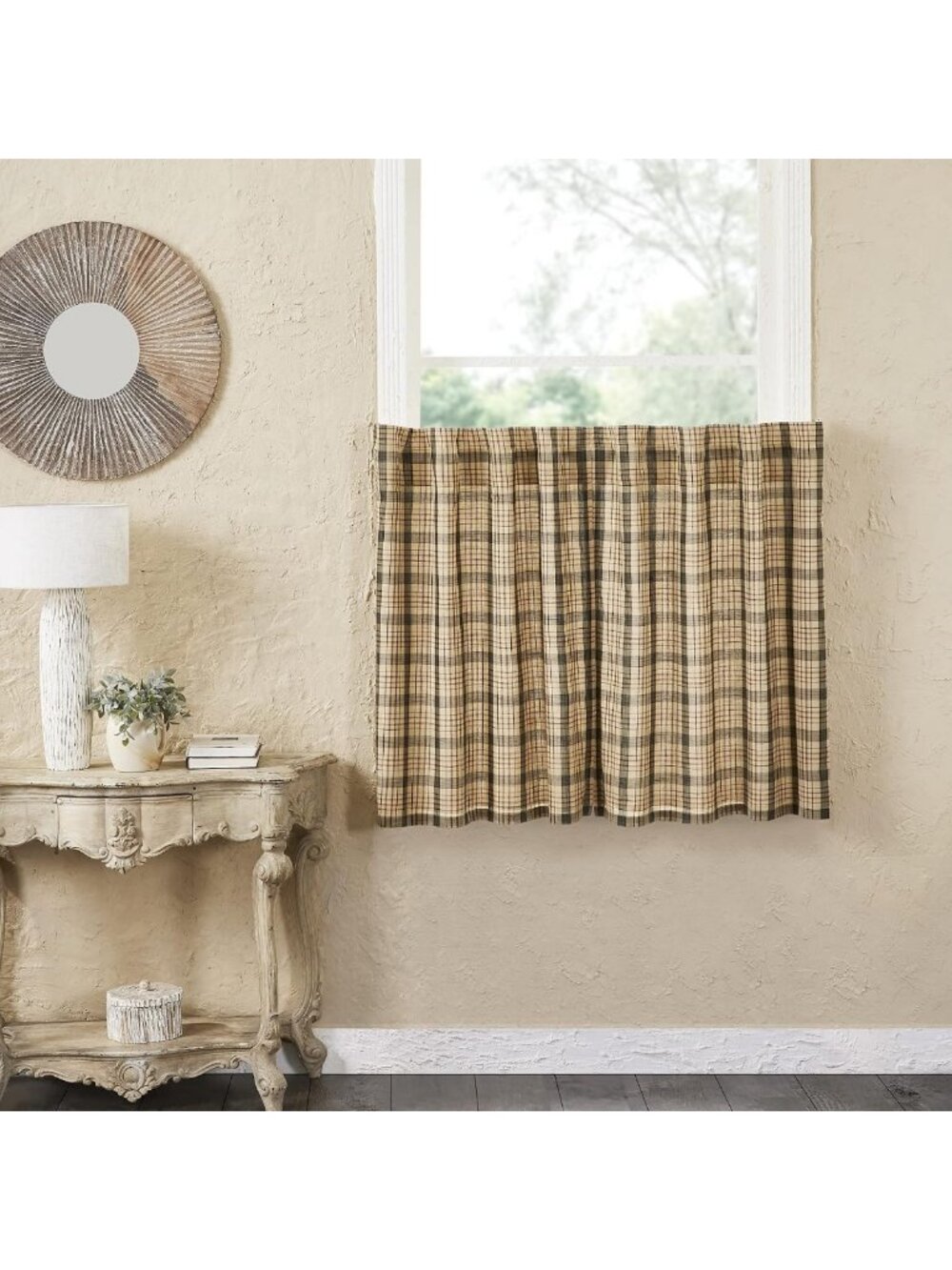 Rustic Plaid Curtain Tiers Set of 2, Tan & Charcoal, 36x36, Farmhouse Decor